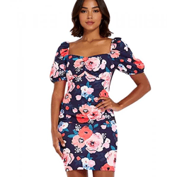Damen Sommer-Kleid mit floralem Allover-Print Mini-Kleid mit Puff-Ärmeln Freizeit-Kleid 931070 Blau/Bunt
