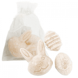Bernsteinwürfel „Osterhase und Eier“, Silk, 4,5 cm, Organza-Säckchen mit 3 Stück