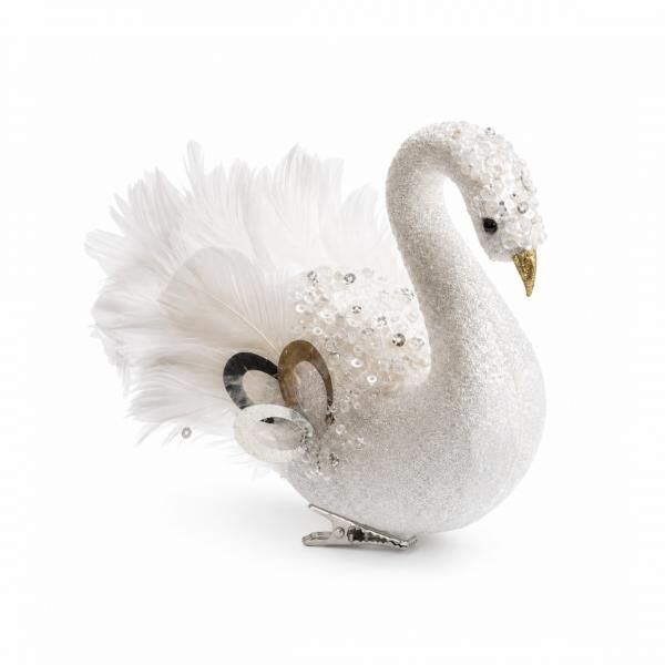 Schwan auf Clip, glitzernd, weiß, 14 cm