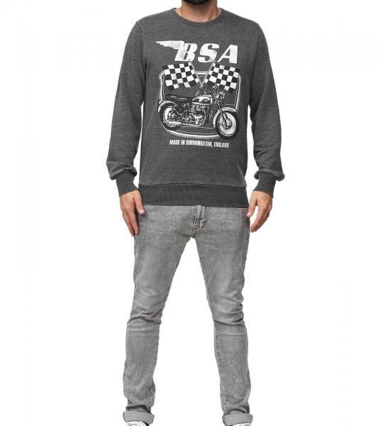RE:COVERED X BSA Herren Rundhals-Pullover mit &lrm;&lrm;"British Motor Flag"-Print Langarm-Shirt Sweat-Shirt MMBSA301 Grau