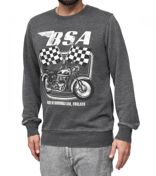 RE:COVERED X BSA Herren Rundhals-Pullover mit &lrm;&lrm;"British Motor Flag"-Print Langarm-Shirt Sweat-Shirt MMBSA301 Grau