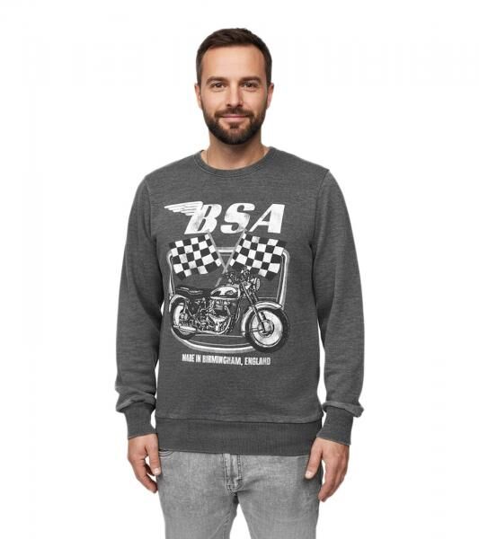 RE:COVERED X BSA Herren Rundhals-Pullover mit &lrm;&lrm;"British Motor Flag"-Print Langarm-Shirt Sweat-Shirt MMBSA301 Grau