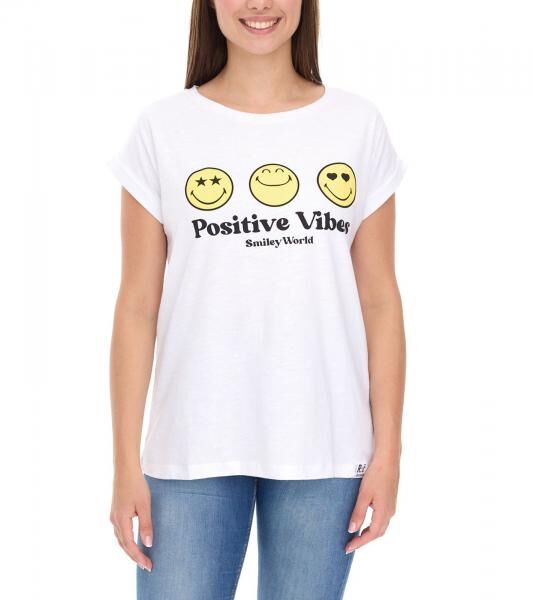 RE:COVERED X Smileyworld Damen T-Shirt mit farbigen Smileys Baumwoll-Shirt Rundhals-Shirt RCSMLYWD460 Wei&szlig;