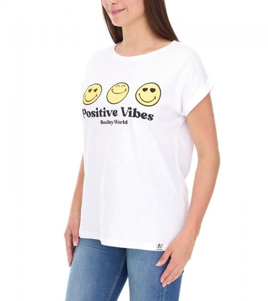 RE:COVERED X Smileyworld Damen T-Shirt mit farbigen Smileys Baumwoll-Shirt Rundhals-Shirt RCSMLYWD460 Wei&szlig;