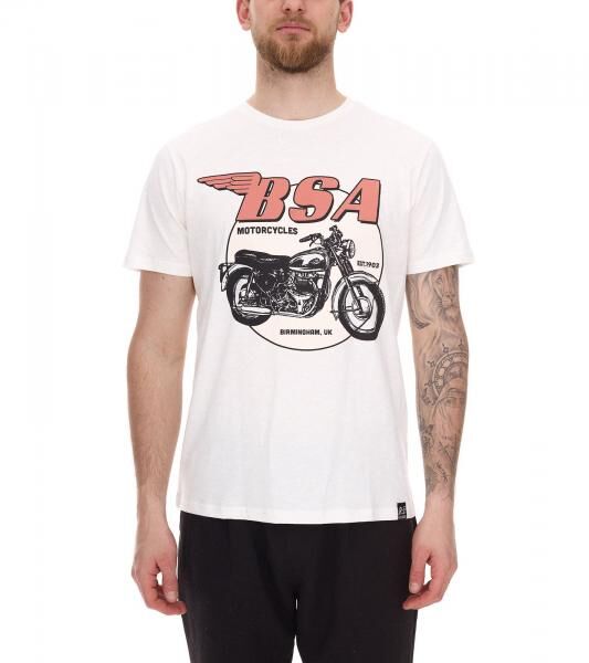 RE:COVERED X BSA Herren T-Shirt mit Birmingham Motorrad-Print Baumwoll-Shirt Rundhals-Shirt MMBSA296 Ecru-Wei&szlig;