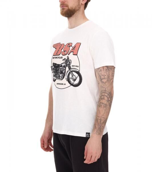 RE:COVERED X BSA Herren T-Shirt mit Birmingham Motorrad-Print Baumwoll-Shirt Rundhals-Shirt MMBSA296 Ecru-Wei&szlig;