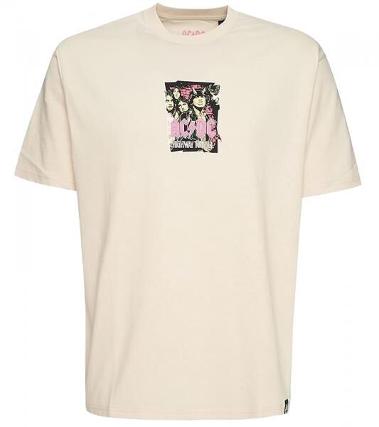RE:COVERED X ACDC Herren T-Shirt mit ACDC-Band Print Baumwoll-Shirt mit gro&szlig;em Schriftzug Rundhals-Shirt MMPER771 Beige