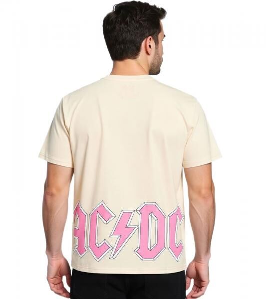 RE:COVERED X ACDC Herren T-Shirt mit ACDC-Band Print Baumwoll-Shirt mit gro&szlig;em Schriftzug Rundhals-Shirt MMPER771 Beige