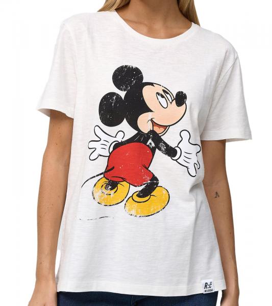 RE:COVERED X Disney Damen T-Shirt mit Mickey Mouse Print Baumwoll-Shirt Rundhals-Shirt MMDIS2580 Woll-Wei&szlig;