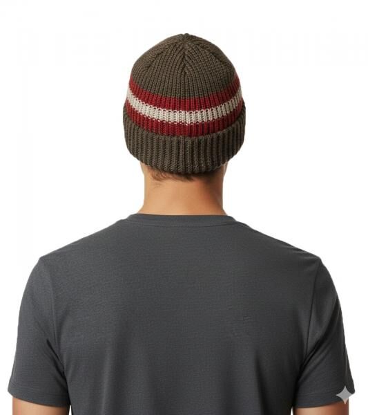 Stylische H&auml;kel-M&uuml;tze Winter-M&uuml;tze weiche Strick-M&uuml;tze mit Streifen Baumwoll-M&uuml;tze 7313GUY Olivgr&uuml;n/Rot/Wei&szlig;