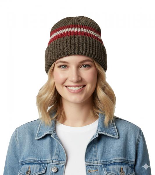 Stylische H&auml;kel-M&uuml;tze Winter-M&uuml;tze weiche Strick-M&uuml;tze mit Streifen Baumwoll-M&uuml;tze 7313GUY Olivgr&uuml;n/Rot/Wei&szlig;
