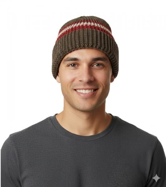 Stylische H&auml;kel-M&uuml;tze Winter-M&uuml;tze weiche Strick-M&uuml;tze mit Streifen Baumwoll-M&uuml;tze 7313GUY Olivgr&uuml;n/Rot/Wei&szlig;