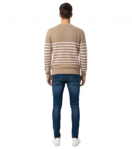 Stylischer ESPRIT Herren Strick-Pullover mit Streifen Rundhals-Sweater Baumwoll-Pullover Khaki/Rosa