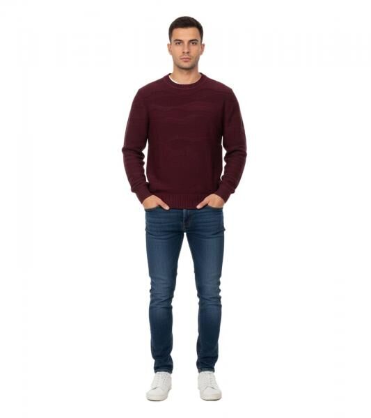 Stylish ESPRIT Men's Knit Sweater with Wave Pattern, Crew Neck, Cotton Sweater, Wine Red