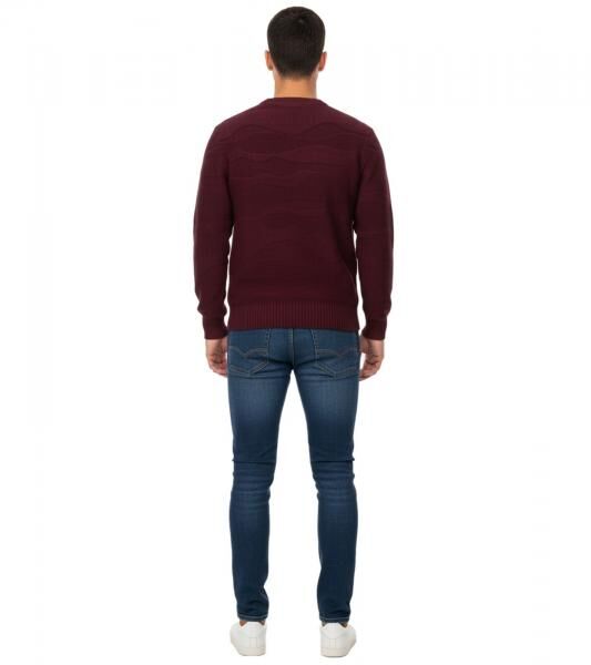 Stylish ESPRIT Men's Knit Sweater with Wave Pattern, Crew Neck, Cotton Sweater, Wine Red