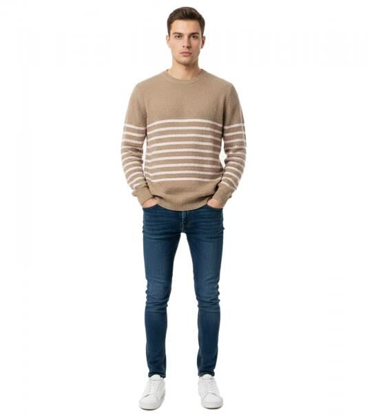 Stylischer ESPRIT Herren Strick-Pullover mit Streifen Rundhals-Sweater Baumwoll-Pullover Khaki/Rosa