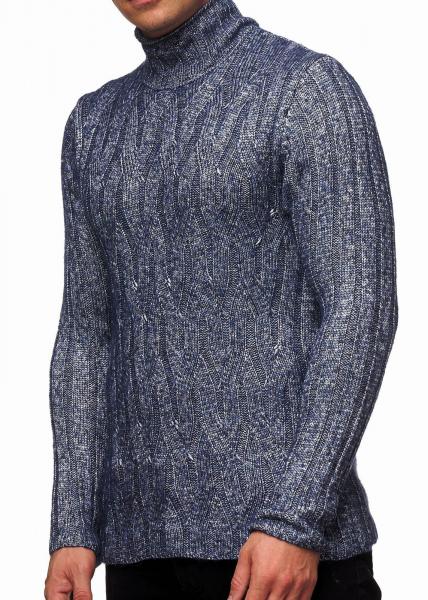 Vielseitiger Herren Grobstrick Stehkragen-Pullover mit eingearbeitetem Muster Woll-Sweater 13353 Marine