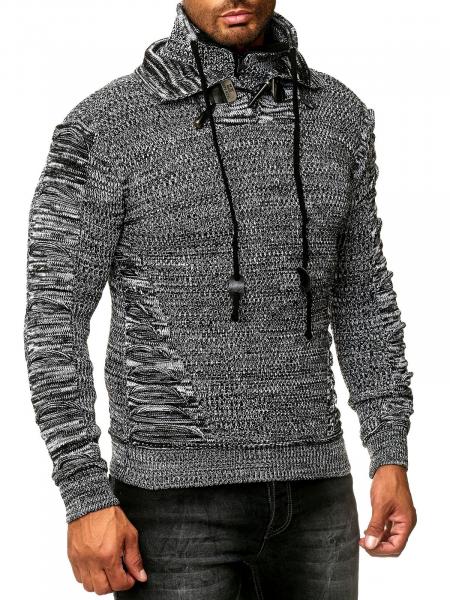 Markanter Herren Grobstrick-Pullover mit Stehkragen und Kragenverschluss Strick-Sweater mit Struktur und Raff-Optik 13320 Schwarz