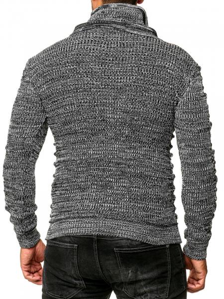 Markanter Herren Grobstrick-Pullover mit Stehkragen und Kragenverschluss Strick-Sweater mit Struktur und Raff-Optik 13320 Schwarz