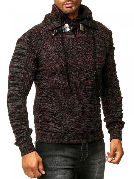 Markanter Herren Grobstrick-Pullover mit Stehkragen und Kragenverschluss Strick-Sweater mit Struktur und Raff-Optik 13320 Rot