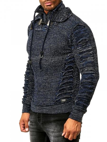 Markanter Herren Grobstrick-Pullover mit Stehkragen und Kragenverschluss Strick-Sweater mit Struktur und Raff-Optik 13320 Petrol
