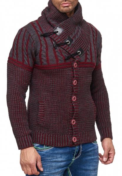 Stylischer Herren Grobstrick-Pullover mit Stehkragen und Knebelverschluss Kontrast Strick-Sweater 13288 Bordeaux