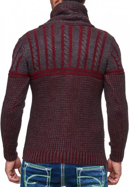 Stylischer Herren Grobstrick-Pullover mit Stehkragen und Knebelverschluss Kontrast Strick-Sweater 13288 Bordeaux