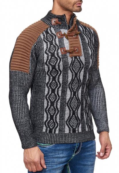 Markanter Herren Strick-Pullover mit Stehkragen und KnebelverschlussKontrast Strick-Sweater 13285 Schwarz/Wei&szlig;