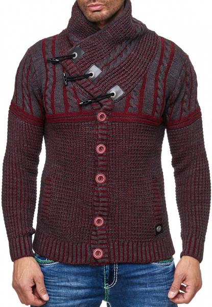 Stylischer Herren Grobstrick-Pullover mit Stehkragen und Knebelverschluss Kontrast Strick-Sweater 13288 Bordeaux