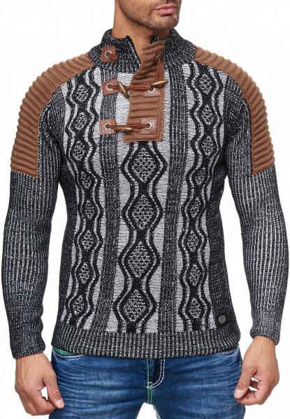 Markanter Herren Strick-Pullover mit Stehkragen und KnebelverschlussKontrast Strick-Sweater 13285 Schwarz/Wei&szlig;
