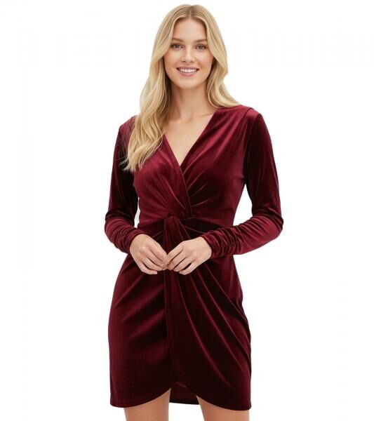 zeitloses Damen Mini-Kleid Party-Kleid aus Samt mit langen &Auml;rmeln 923699 Bordeaux-Rot