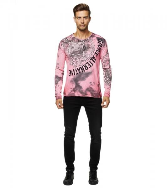 Markantes Herren Longsleeve V-Ausschnitt Washed Print Design Slim Fit Langarm-Shirt 10135 Koralle