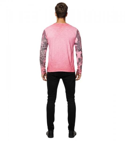 Markantes Herren Longsleeve V-Ausschnitt Washed Print Design Slim Fit Langarm-Shirt 10135 Koralle