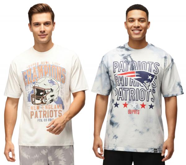 RE:COVERED X NFL New England Patriots Herren T-Shirt Baumwoll-Shirt in Ecru-Wei&szlig; oder Batik-Blau