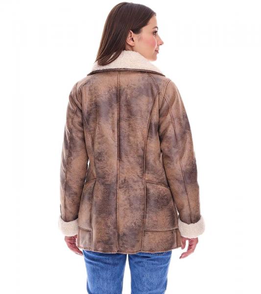 nachhaltige Damen Lederimitat-Jacke mit Kunstlammfell-Kragen Oversized-Jacke Gro&szlig;e Gr&ouml;&szlig;en 970065 Braun