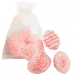 Bernsteinwürfel „Osterhase und Eier“ von Invicto, 4,5 cm, Organza-Säckchen mit 3 Stück