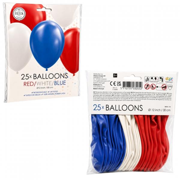 Luftballons rot/weiß/blau, 30 cm, 25 Stück