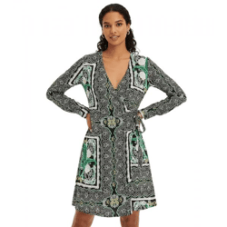 sommerliches Damen Mini-Kleid Wickel-Kleid mit Paisley-Muster 942167 Schwarz/Grün/Weiß