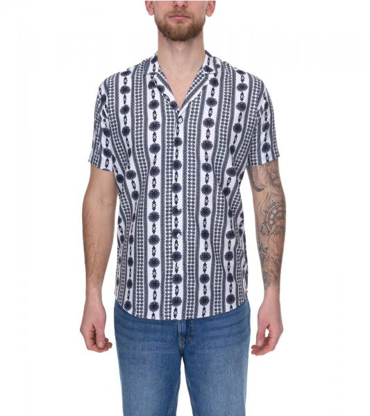 vsct Clubwear Herren Shirt mit Allover Geomatrix-Muster Kurzarm-Shirt mit Knopfleiste 5643309 Wei&szlig;/Schwarz