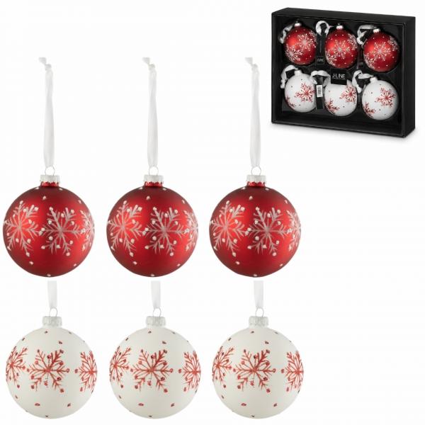 J-Line Glas-Weihnachtskugeln „Schneeflocke“ weiß/rot, 8,5 cm, 6er-Set
