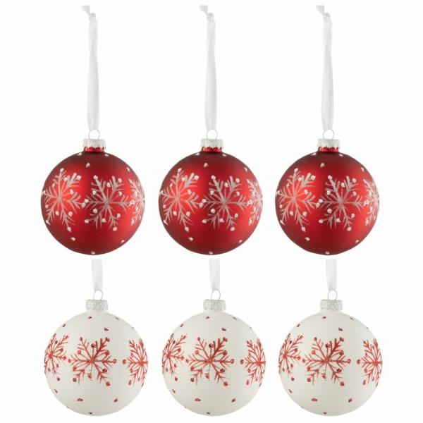 J-Line Glas-Weihnachtskugeln „Schneeflocke“ weiß/rot, 8,5 cm, 6er-Set