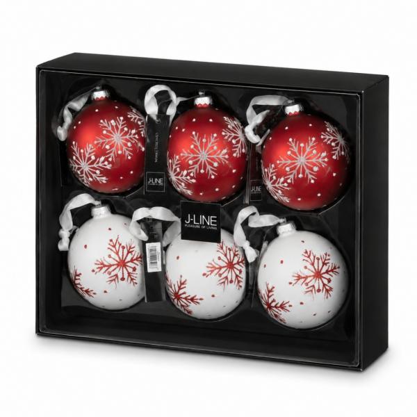 J-Line Glas-Weihnachtskugeln „Schneeflocke“ weiß/rot, 8,5 cm, 6er-Set