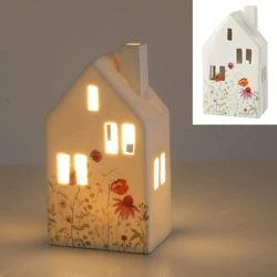 LED Haus, weiß, Blumen Motiv, M, ca.10x18cm