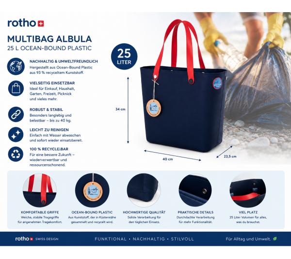 Nachhaltige Rotho Multibag ALBULA 25L Ocean-Bound Plastic Tragetasche Einkaufskorb 7670987 Navy blau/Orange