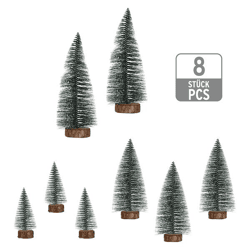 Christmas tree with wooden base, snow, set of 8, approx. 10–20 cm tall