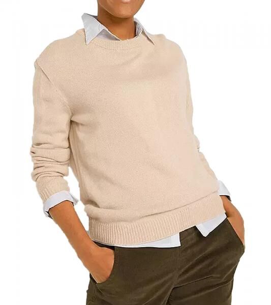 Women's Knit Sweater with Round Neckline Everyday Sweater 909761 Beige