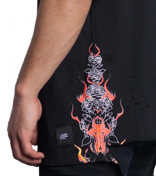 Sixth June Herren Baumwoll-Shirt Rundhals-Shirt mit Feuer und Rosen-Print T-Shirt M2530VTS Schwarz