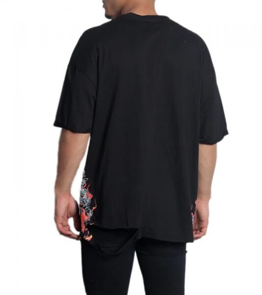 Sixth June Herren Baumwoll-Shirt Rundhals-Shirt mit Feuer und Rosen-Print T-Shirt M2530VTS Schwarz
