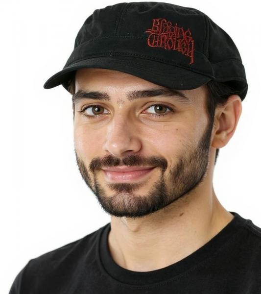BLEEDING TROUGH Unisex Cap Baumwoll-Cap im millit&auml;rischen Schnitt mit leicht gebogenen Schnitt Schwarz/Rot