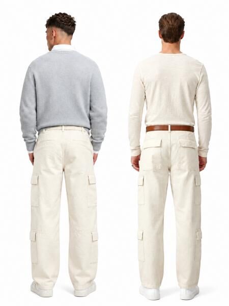 Stylish men's cotton cargo jeans – baggy or regular fit casual pants with 2 or 4 cargo pockets; white/beige/ecru